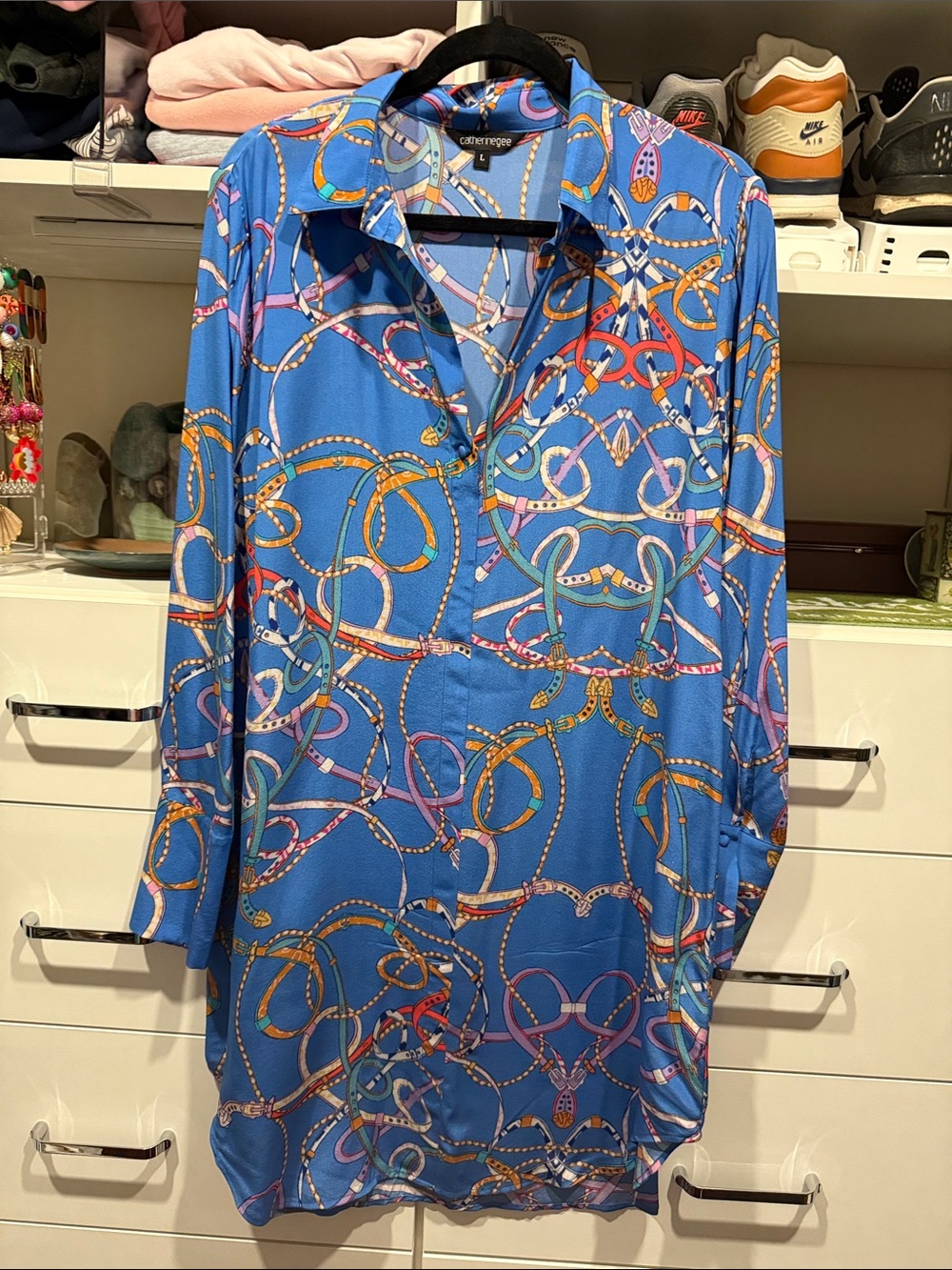 Blue Multicolor Rope-Print Button Down Silk Dress